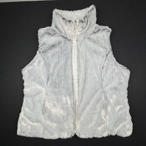 Women's‎ SOFT Faux Fur Reversible Vest Quilted XL Gray White Zip Up Pockets EUC